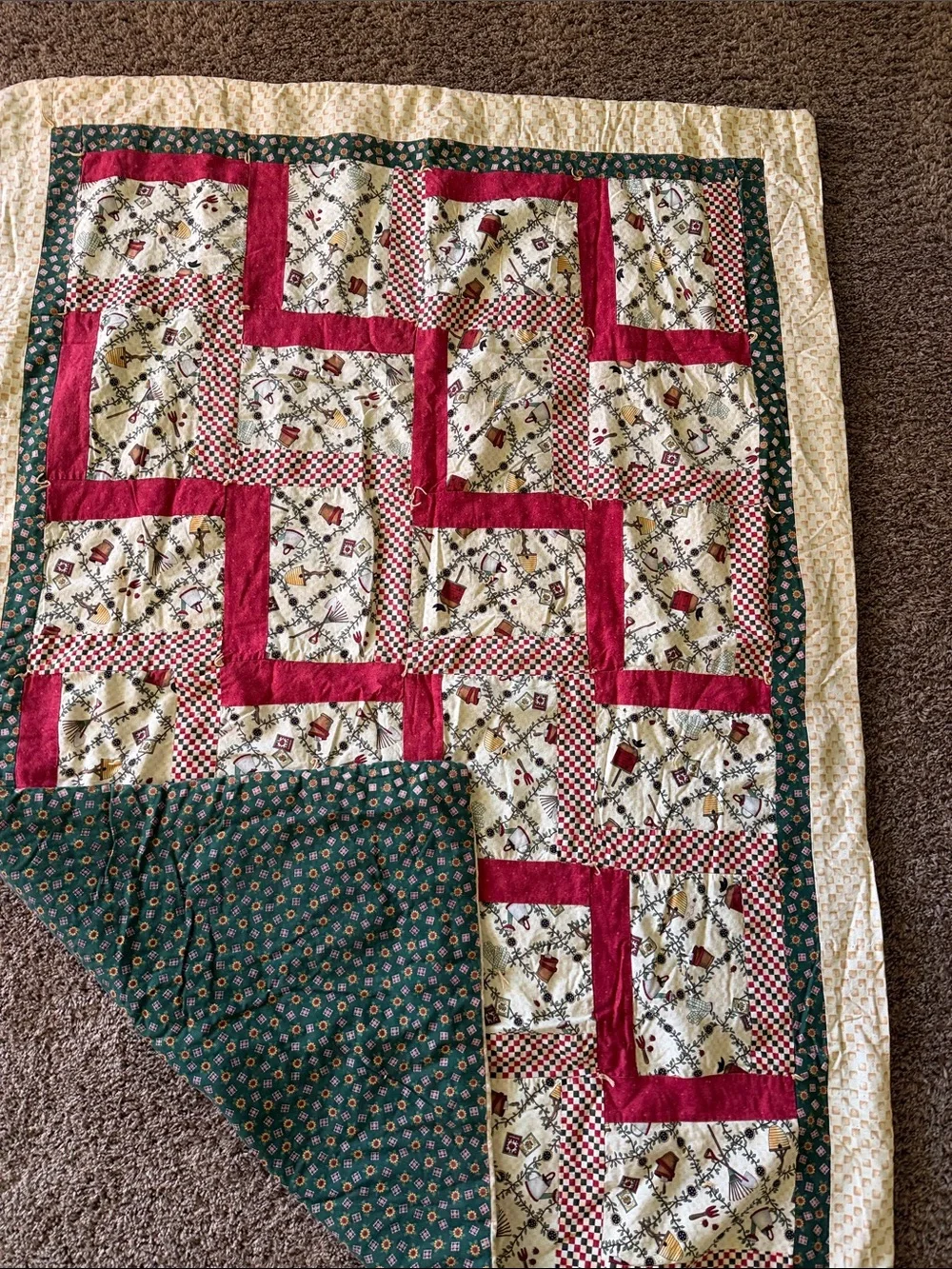 Handmade Red & Cream Patchwork Quilt - Classic Home Bedding
